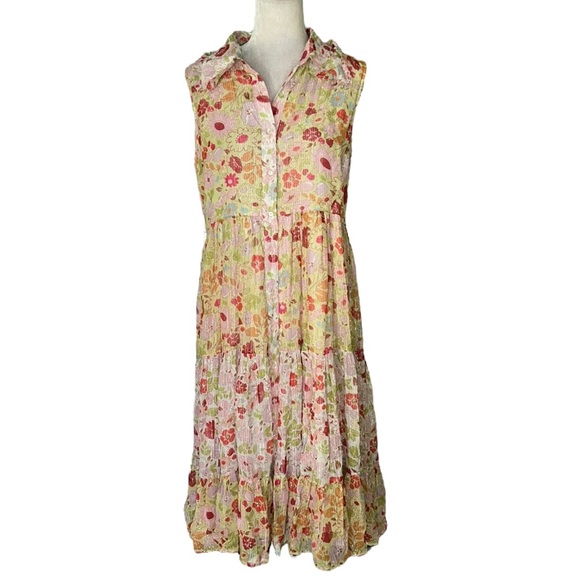 Manoush Floral Yellow Metallic Silver Pastel Ruffle Chiffon Midi Dress - 10 - Picture 4 of 16